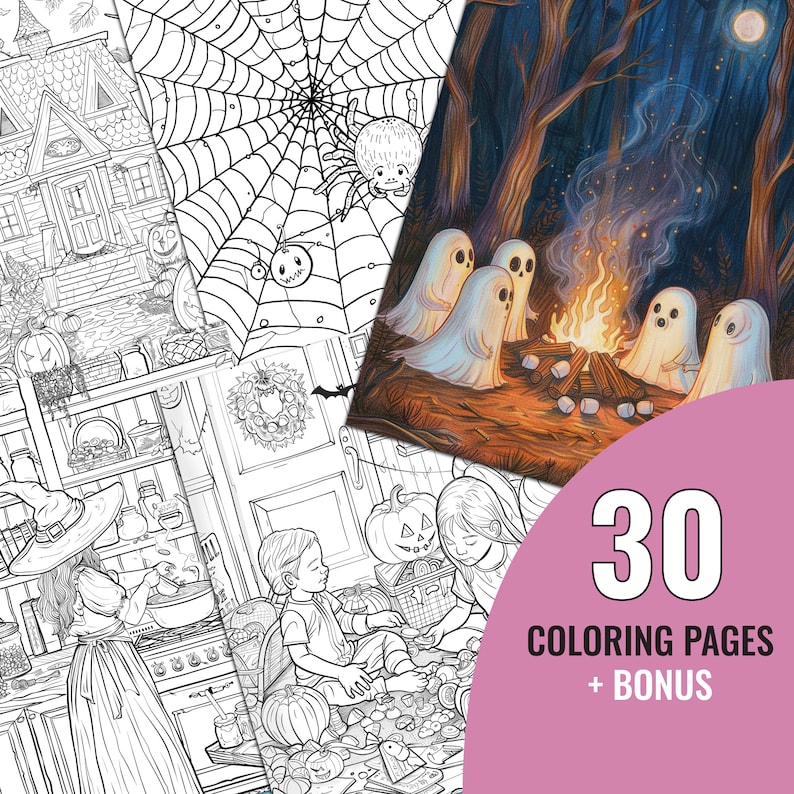 May include: A set of 30 Halloween coloring pages with a bonus page. The cover features a black and white illustration of a witch cooking in a kitchen, a spider web, and a group of ghosts around a campfire.