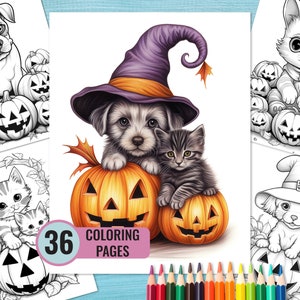 Halloween Cute Puppy Coloring Book, 36 Printable Coloring Pages for Kids and Adults, Halloween Kitten Coloring Page, Instant Download