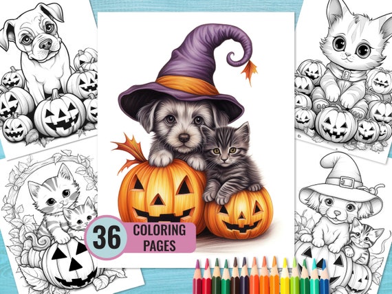 Halloween Cute Puppy Coloring Book, 36 Printable Coloring Pages for Kids and Adult, Halloween Kitten Coloring Page, Instant Download