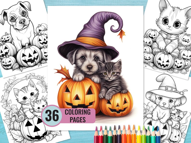 K&ouml;nnte beinhalten: Ein Set mit 36 Halloween-Malvorlagen mit niedlichen Illustrationen eines Hundes mit Hexenhut und einer Katze, die beide auf K&uuml;rbissen sitzen. Die Seiten sind perfekt f&uuml;r Kinder und Erwachsene, die gerne ausmalen.