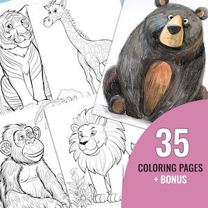 Libro para colorear de animales lindos, 35 páginas imprimibles de dibujos animados para niños, página ilustrada para colorear de animales, descarga instantánea