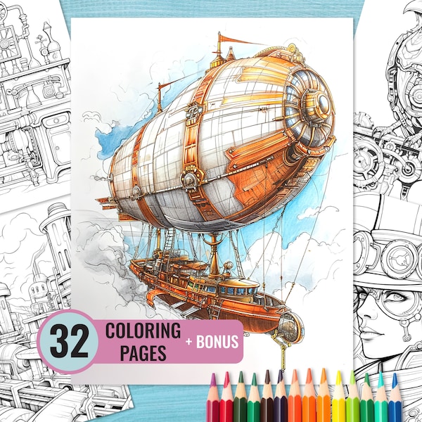 Steampunk Coloring Book, 32 Printable Pages for Adults and Kids, Steampunk World Coloring Page, Instant Download