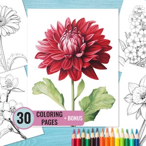 Flower Coloring Pages, 30 Printable PDF Pages for Adults and Kids, Grayscale Coloring Page, Instant Download