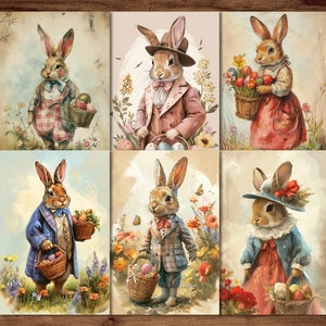 May include: Six vintage-style illustrations of Easter bunnies holding baskets of colorful eggs. The bunnies are dressed in different outfits, including a plaid jacket, a pink jacket, a blue dress, and a red dress. The illustrations are set against a background of flowers and greenery.