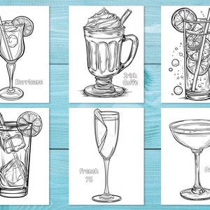 May include: Black and white line art illustrations of six different cocktails: Hurricane, Irish Coffee, Gin and Tonic, Dark and Stormy, French 75, and Daiquiri. Each drink is depicted in its respective glass, garnished with citrus and straws. The names of the cocktails are written below each image.