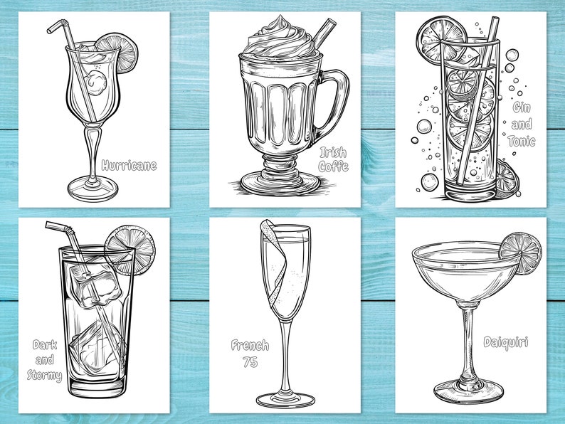 May include: Black and white line art illustrations of six different cocktails: Hurricane, Irish Coffee, Gin and Tonic, Dark and Stormy, French 75, and Daiquiri. Each drink is depicted in its respective glass, garnished with citrus and straws. The names of the cocktails are written below each image.