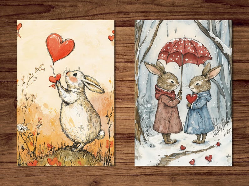 Bunnies Postcards, 6 Printable Romantic Postcard Digital Download ...
