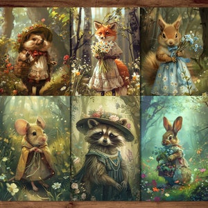 Cartes postales d’animaux fantastiques, 6 cartes postales magiques imprimables en téléchargement numérique, animaux féeriques dans les cartes postales de la forêt ensemble style Beatrix Potter