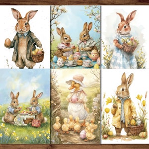 Osterkarten, 6 druckbare Postkarten, digitaler Download, Osterhasen-Grußkartenbögen, Kartenset im Beatrix Potter-Stil