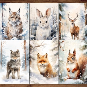 Postales de animales de invierno, 6 descargas digitales de postales imprimibles, postales de animales lindos set estilo acuarela