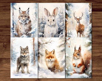 Wintertiere-Postkarten, 6 druckbare Postkarten, digitaler Download, niedliche Tiere-Postkarten-Set im Aquarell-Stil
