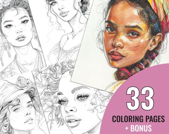 Female Portrait Coloring Book, 33 Beautiful Woman Printable Pages for Adult, Vintage Women Coloring Pages, Instant Download