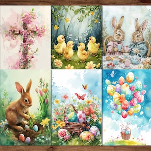 Osterkarten, 6 druckbare Postkarten, digitaler Download, Postkartenbögen im Aquarell-Stil, Osterhasen-Postkarten-Set
