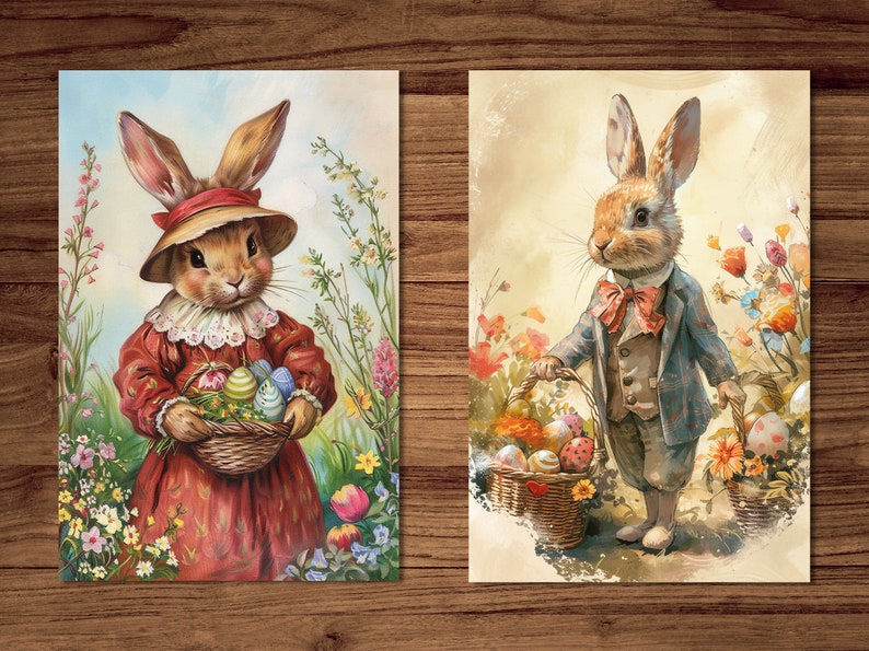 Easter Postcards, 6 Printable Cards Digital Download, Beatrix Potter Style Postcards Sheets, Easter Bunny Greeting Cards Set zdjęcie 4