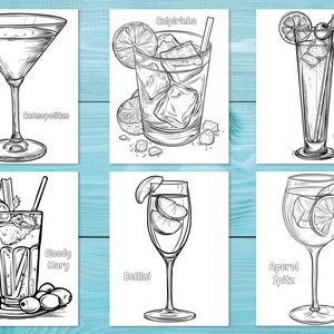 May include: Black and white line art illustrations of six cocktails: Cosmopolitan, Caipirinha, Blue Lagoon, Bloody Mary, Bellini, and Aperol Spritz. Each drink is depicted in its respective glass, with garnishes and ice.