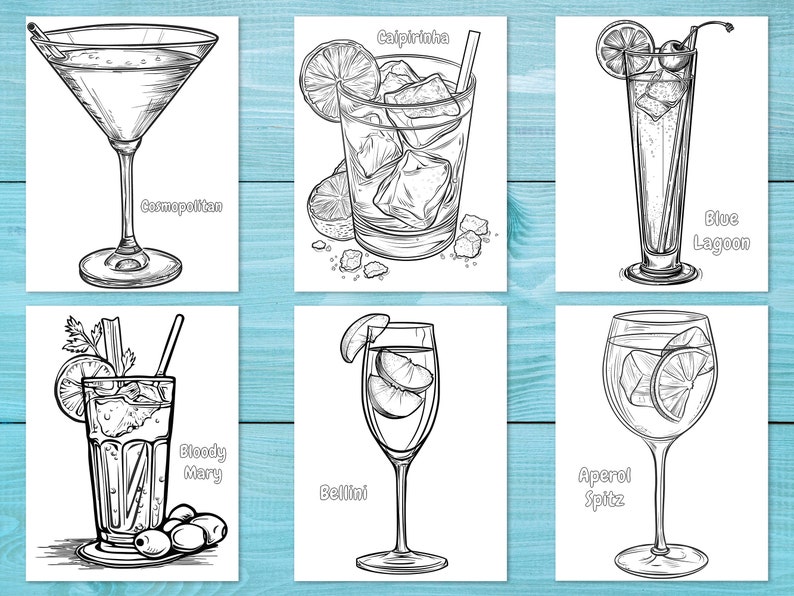 May include: Black and white line art illustrations of six cocktails: Cosmopolitan, Caipirinha, Blue Lagoon, Bloody Mary, Bellini, and Aperol Spritz. Each drink is depicted in its respective glass, with garnishes and ice.