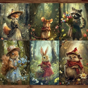 Fantasy-Tier-Postkarten, 6 druckbare Feen-Postkarten, digitaler Download, Waldtiere im Wald-Postkarten-Set im Beatrix-Potter-Stil