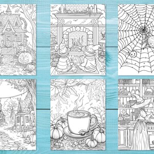 May include: Six black and white coloring pages featuring Halloween themes. The pages include a haunted house, a fireplace with two witches, a spider web with a spider, a street with houses, a cup of coffee with pumpkins, and a witch cooking in a kitchen.