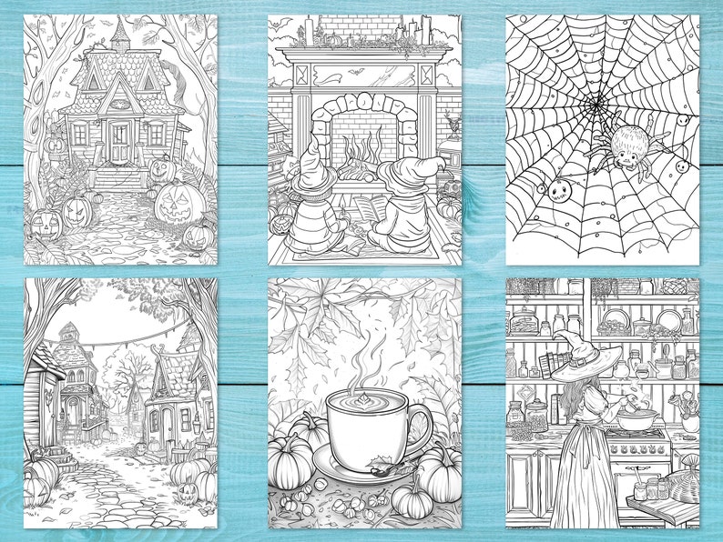 May include: Six black and white coloring pages featuring Halloween themes. The pages include a haunted house, a fireplace with two witches, a spider web with a spider, a street with houses, a cup of coffee with pumpkins, and a witch cooking in a kitchen.