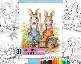 Farm Animals Coloring Book, 31 Printable Pages for Adults and Kids, Animals on the Farm Coloring Page, Instant Download