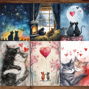 Verliebte Katzen-Postkarten, 6 druckbare romantische Postkarten, digitaler Download, Liebeskartenbögen, Valentinstag-Postkarten-Set
