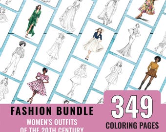20th Century Women's Fashion Coloring Bundle, 349 Printable Fashion Pages for Adults, Historic Woman Clothing Coloring Book, Digital Download