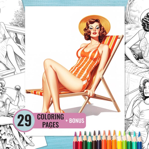 Retro Women Coloring Book, 29 Printable PinUp Girls Coloring Pages for Adults, Vintage Woman Coloring Page, Instant Download