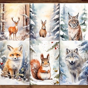 Animales en postales del bosque de invierno, 6 postales imprimibles descarga digital, postales de animales lindos set estilo acuarela