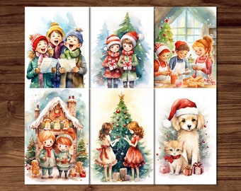Christmas Postcards, 6 Printable Postcard Digital Download, Watercolor Style Postcards Sheets, Cute Christmas Postcards Set