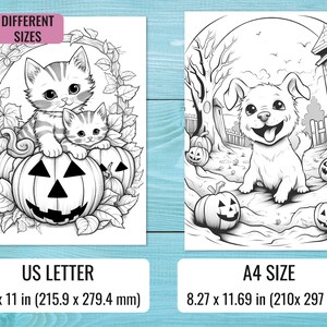 K&ouml;nnte beinhalten: Zwei Schwarzwei&szlig;-Malvorlagen mit Halloween-Motiven. Die erste Seite zeigt zwei K&auml;tzchen, die auf einem K&uuml;rbis sitzen. Die zweite Seite zeigt einen Welpen, der vor einem Spukhaus steht. Beide Seiten sind in den Formaten US Letter und A4 erh&auml;ltlich.