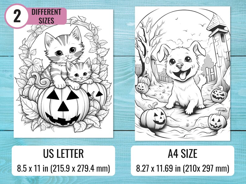 K&ouml;nnte beinhalten: Zwei Schwarzwei&szlig;-Malvorlagen mit Halloween-Motiven. Die erste Seite zeigt zwei K&auml;tzchen, die auf einem K&uuml;rbis sitzen. Die zweite Seite zeigt einen Welpen, der vor einem Spukhaus steht. Beide Seiten sind in den Formaten US Letter und A4 erh&auml;ltlich.