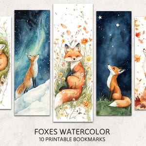 Può includere: Dieci segnalibri stampabili con illustrazioni ad acquerello di volpi in vari contesti. Le volpi sono raffigurate in diverse pose, tra cui dormire, guardare le stelle ed essere circondate da fiori. I segnalibri sono perfetti per gli amanti dei libri e gli appassionati di volpi.