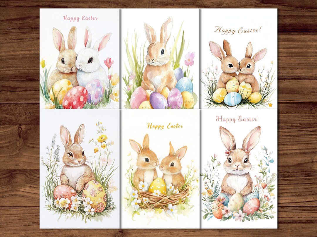 Cute Rabbit Easter Cards | 6 Printable Bunny Postcards | Watercolor ...