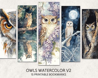 May include: Set of 5 watercolor owl bookmarks. The bookmarks feature owls in various poses and settings, including a close-up of an owl's face, an owl perched on a branch, an owl in a tree, an owl in a snowy forest, and an owl in a field of flowers. The bookmarks are all printed on high-quality paper and are perfect for adding a touch of whimsy to your reading experience.