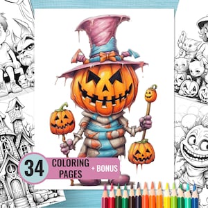 Halloween Coloring Book, 34 Printable Coloring Pages for Kids and Adults, Zombie Grayscale Coloring Page, Instant Download