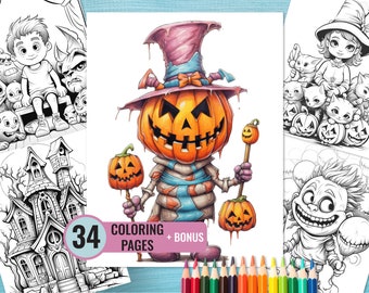 Halloween Coloring Book, 34 Printable Coloring Pages for Kids and Adults, Zombie Grayscale Coloring Page, Instant Download