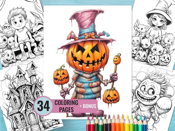 Halloween Coloring Book, 34 Printable Coloring Pages for Kids and Adult, Zombie Grayscale Coloring Page, Instant Download