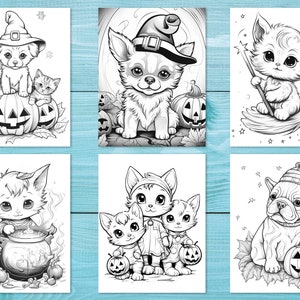 K&ouml;nnte beinhalten: Ein Set mit sechs Schwarzwei&szlig;-Malvorlagen mit niedlichen Tieren, die sich f&uuml;r Halloween verkleidet haben. Zu den Tieren geh&ouml;ren ein Hund mit Hexenhut, eine Katze mit Zauberstab, eine Katze mit Kessel, eine Katze mit Hexenhut, eine Katze mit K&uuml;rbis und ein Hund mit Hut.