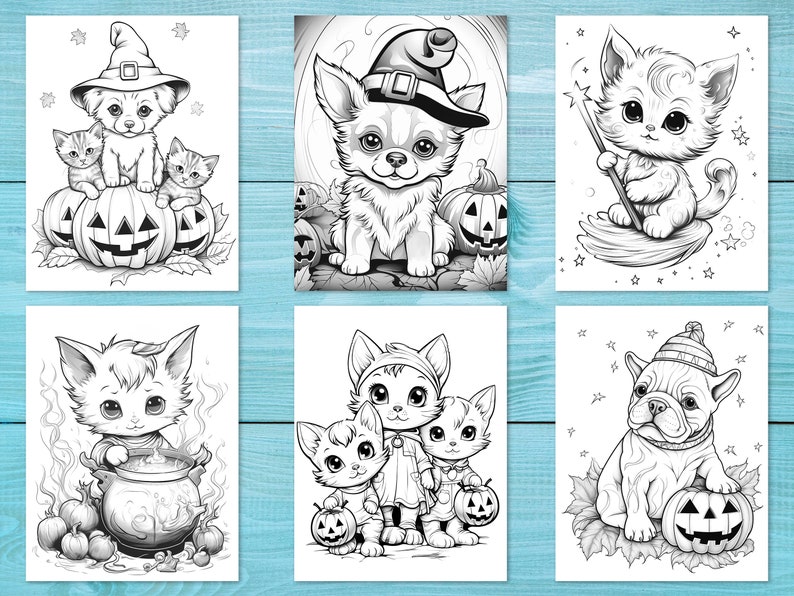K&ouml;nnte beinhalten: Ein Set mit sechs Schwarzwei&szlig;-Malvorlagen mit niedlichen Tieren, die sich f&uuml;r Halloween verkleidet haben. Zu den Tieren geh&ouml;ren ein Hund mit Hexenhut, eine Katze mit Zauberstab, eine Katze mit Kessel, eine Katze mit Hexenhut, eine Katze mit K&uuml;rbis und ein Hund mit Hut.