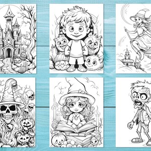 Puede incluir: Un conjunto de seis p&aacute;ginas para colorear en blanco y negro con temas de Halloween. Las p&aacute;ginas incluyen una casa encantada, una bruja volando en una escoba, un zombi, una bruja leyendo un libro, una calavera con un sombrero de bruja y un ni&ntilde;o con dos monstruos.