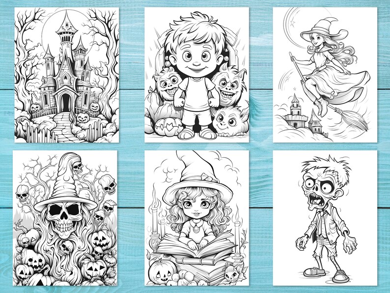 Puede incluir: Un conjunto de seis p&aacute;ginas para colorear en blanco y negro con temas de Halloween. Las p&aacute;ginas incluyen una casa encantada, una bruja volando en una escoba, un zombi, una bruja leyendo un libro, una calavera con un sombrero de bruja y un ni&ntilde;o con dos monstruos.