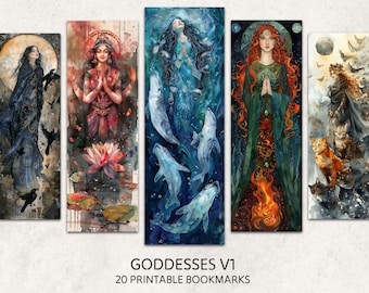 Goddesses Bookmarks 20 Printable Fantasy Bookmarks Digital Download Mythological Gods Watercolor Bookmark Sheets