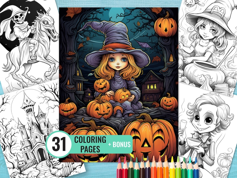 Puede incluir: Un conjunto de 31 p&aacute;ginas para colorear de Halloween con una bruja, calabazas, una casa encantada y otros personajes espeluznantes. Las p&aacute;ginas son en blanco y negro y est&aacute;n listas para colorear.