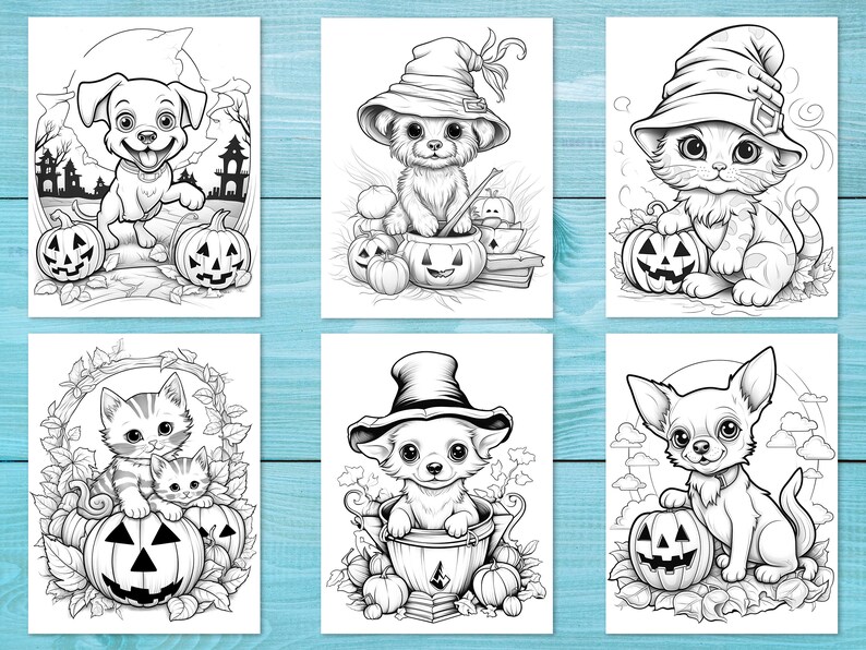 K&ouml;nnte beinhalten: Sechs Schwarzwei&szlig;illustrationen von niedlichen Tieren, die sich f&uuml;r Halloween verkleidet haben. Die Tiere sind ein Hund, eine Katze und ein Chihuahua. Jedes Tier h&auml;lt eine Halloween-K&uuml;rbislaterne.