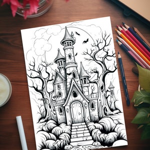 May include: A black and white line drawing of a spooky haunted house with a tall tower, a pointed roof, and a door. The house is surrounded by trees and bats are flying in the air.