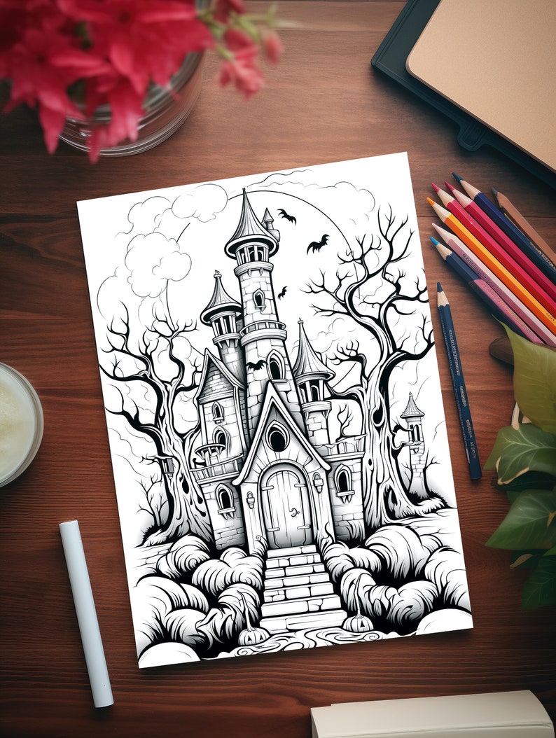 May include: A black and white line drawing of a spooky haunted house with a tall tower, a pointed roof, and a door. The house is surrounded by trees and bats are flying in the air.