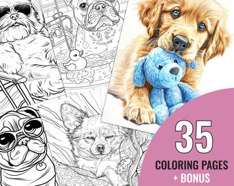 Livro de colorir de cachorros fofos, 35 páginas engraçadas para imprimir para adultos e crianças, página para colorir de cachorrinhos engraçados, download digital