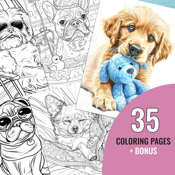 Сute Dogs Coloring Book, 35 Printable Funny Pages for Adults and Kids, Funny Puppies Coloring Page, Digital Download