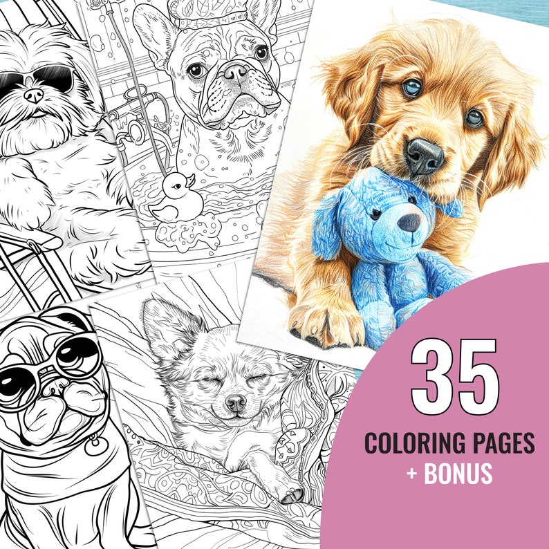 Pode incluir: Uma cole&ccedil;&atilde;o de 35 p&aacute;ginas para colorir em preto e branco com c&atilde;es ador&aacute;veis em v&aacute;rias poses. O texto "35 p&aacute;ginas para colorir + B&ocirc;nus" &eacute; exibido em um fundo rosa.