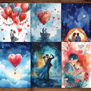 Cartoline d'amore, 6 cartoline romantiche stampabili Download digitale, fogli di carte per coppie d'amore, set di cartoline di San Valentino